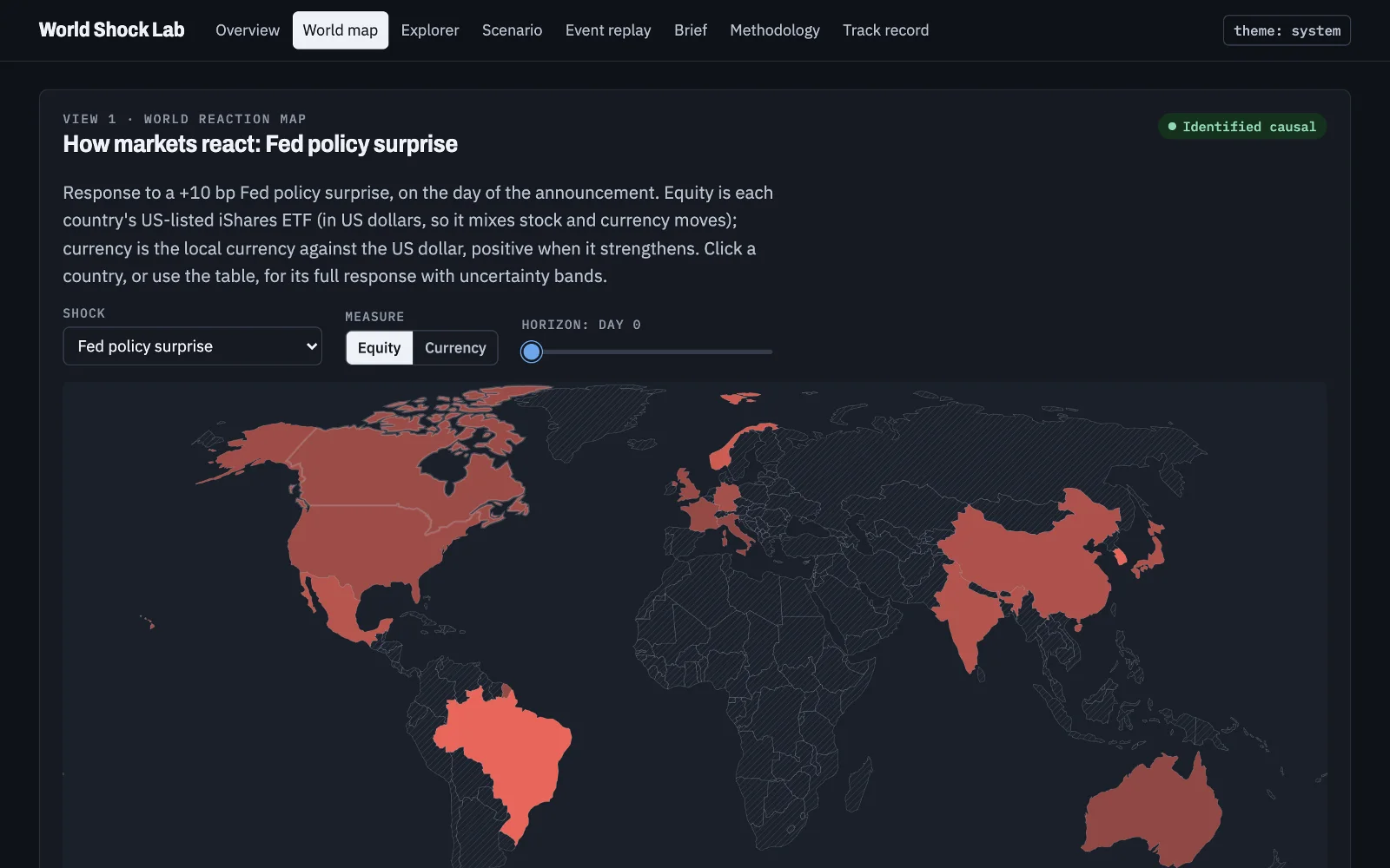 World map coloured by each country's equity response to a 10 basis-point Fed policy surprise on the announcement day